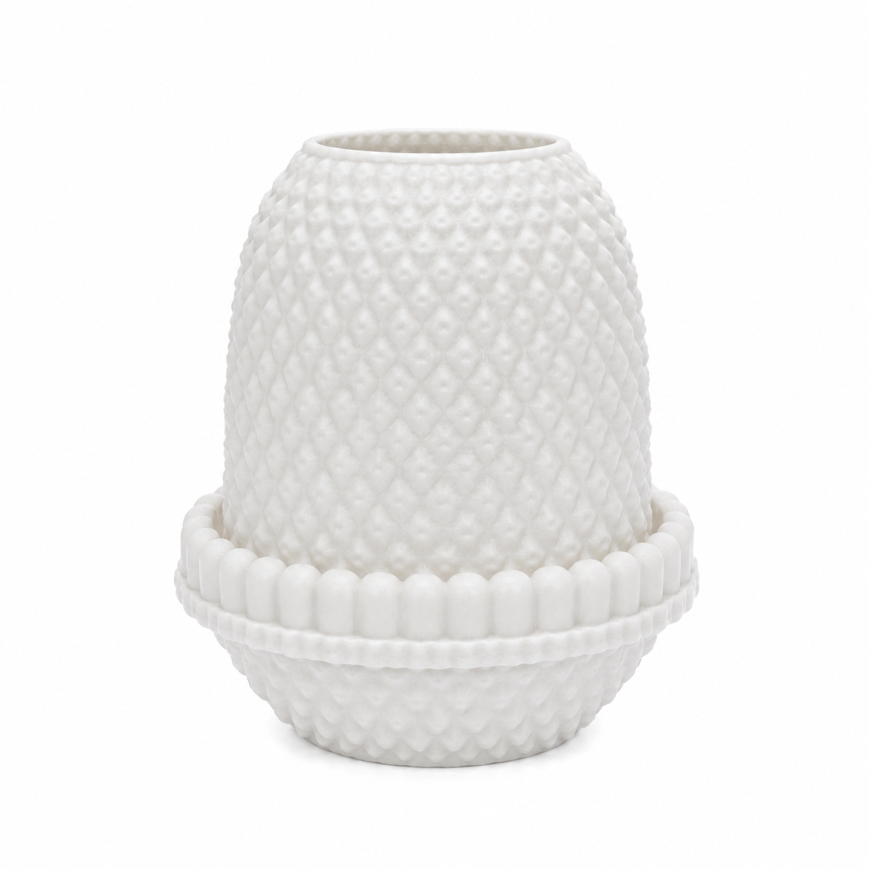 Back view of vintage inspired white fairy lamp with hobnail texture and decorative scalloped rim