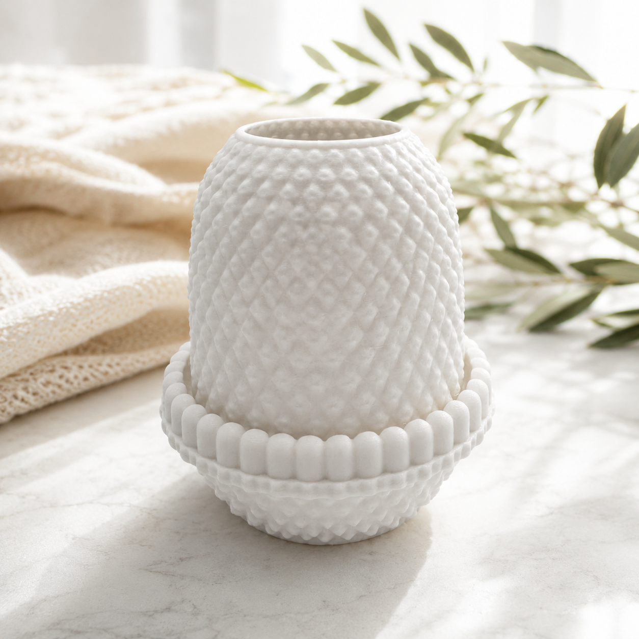 White hobnail fairy lamp with vintage milk glass style texture displayed in a bright lifestyle setting