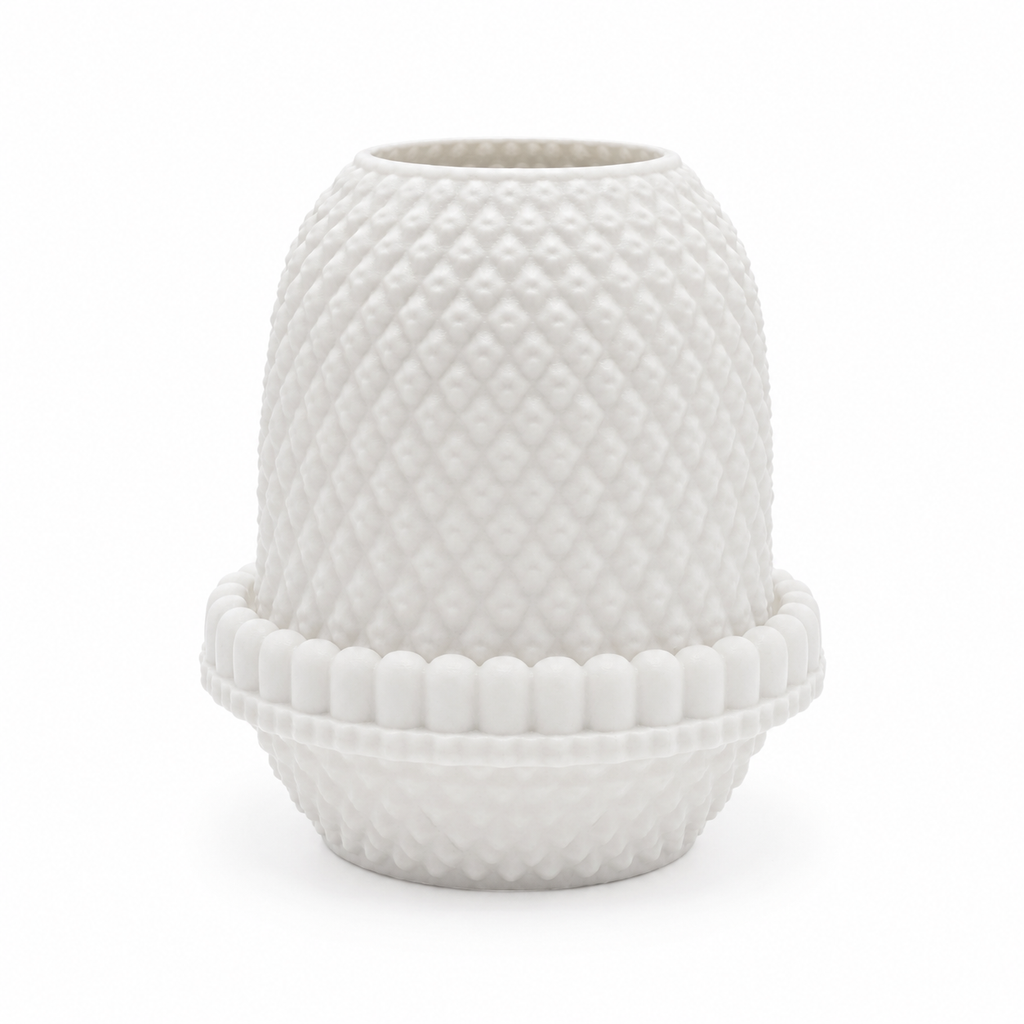 Side view of white hobnail LED tea light holder showing raised diamond texture and rounded lamp shape