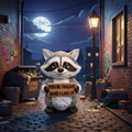 Animated raccoon holding a sign with text on a gray background