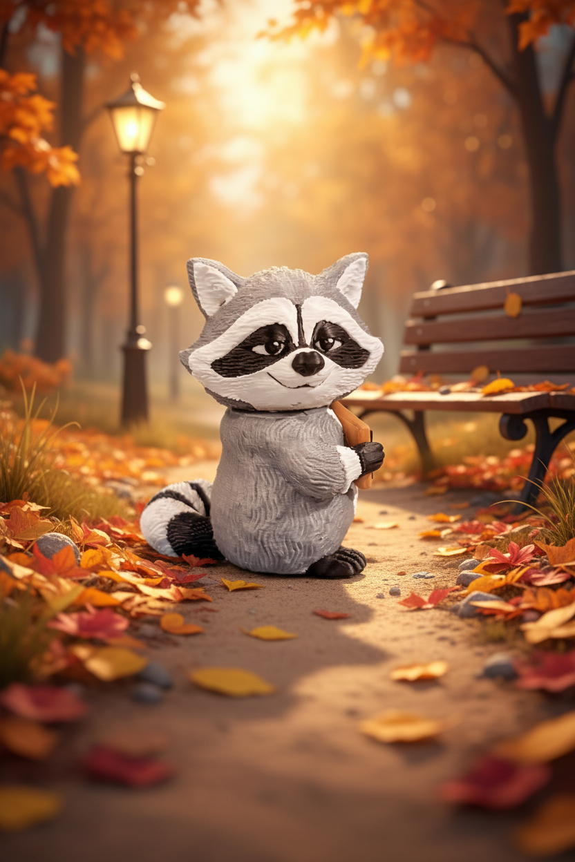 Plush raccoon toy in a forest setting with sunlight filtering through the trees.