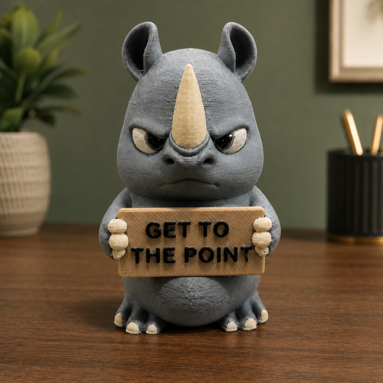A gray rhinoceros figurine holding a wooden sign that reads 'GET TO THE POINT' in black letters, placed on a wooden table with a blurred green wall and home decor in the background.