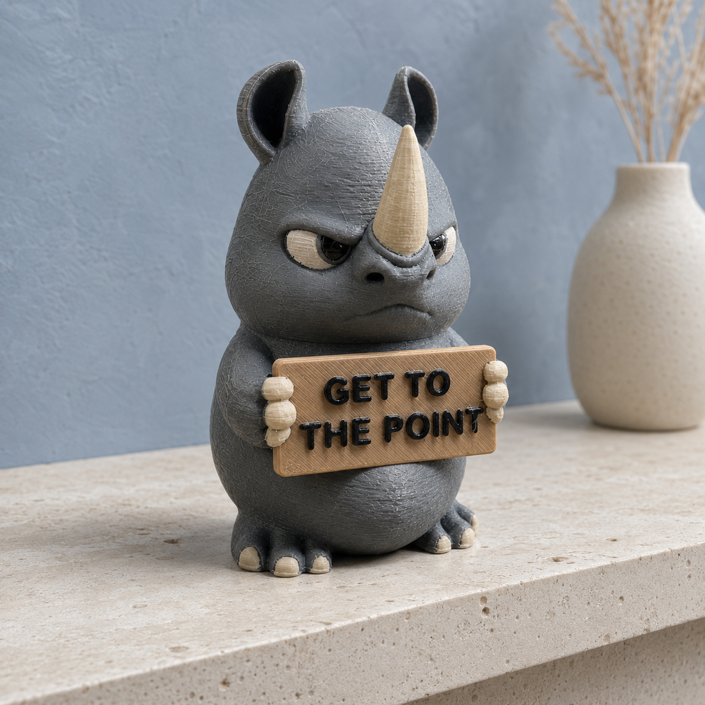 A gray rhinoceros figurine holding a wooden sign that reads 'GET TO THE POINT' sits on a light stone surface against a blue-gray wall, with a beige vase in the background.