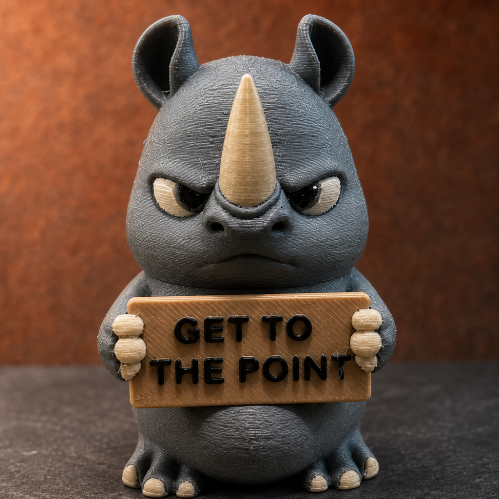 A stylized gray rhinoceros figurine holding a wooden sign that reads 'GET TO THE POINT' against a warm brown textured background.