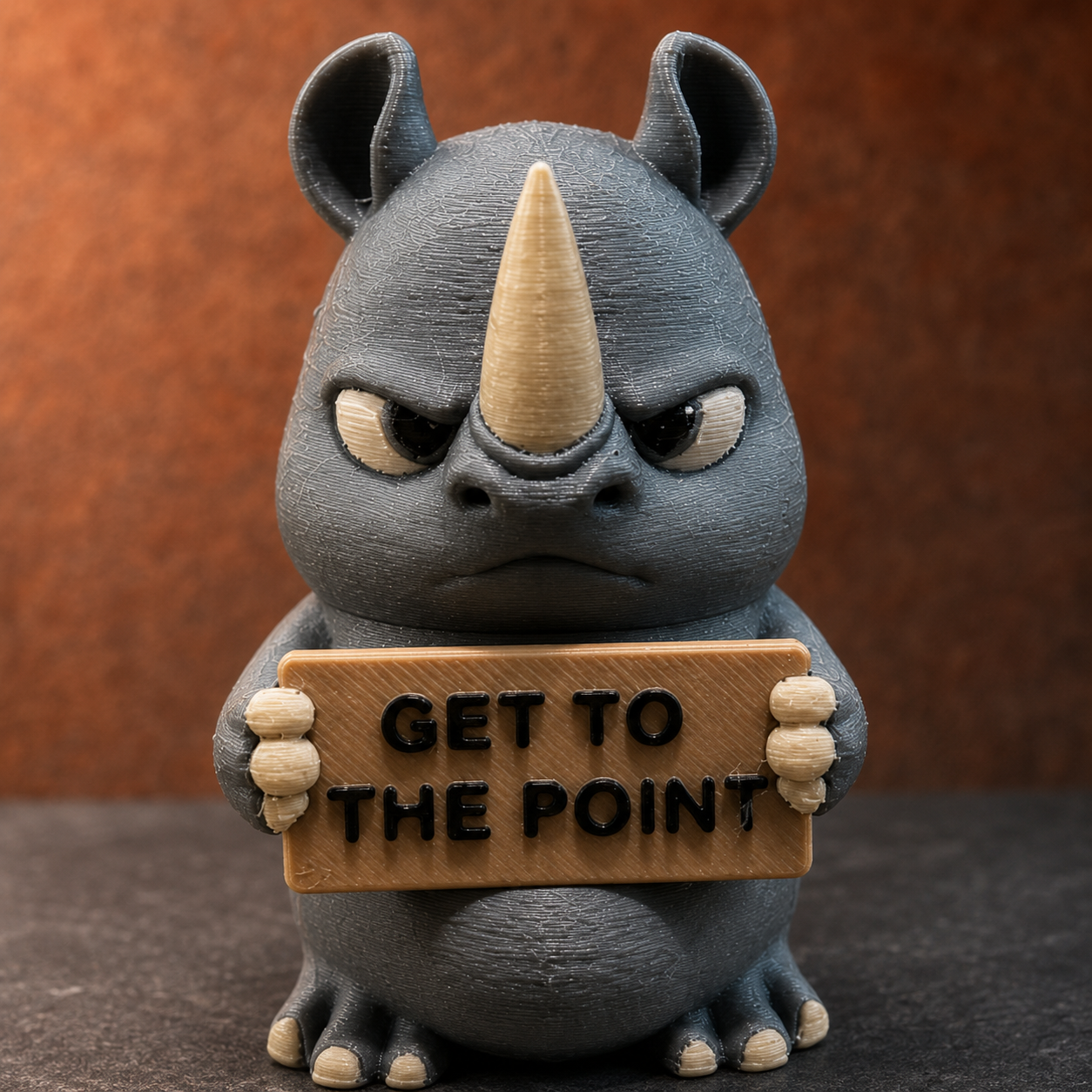 A stylized gray rhinoceros figurine holding a wooden sign that reads 'GET TO THE POINT' against a warm brown textured background.
