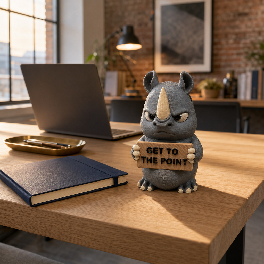 A small gray rhinoceros figurine holding a sign that reads 'GET TO THE POINT' sits on a wooden desk in a modern office setting, with a laptop, notebook, and tray nearby.