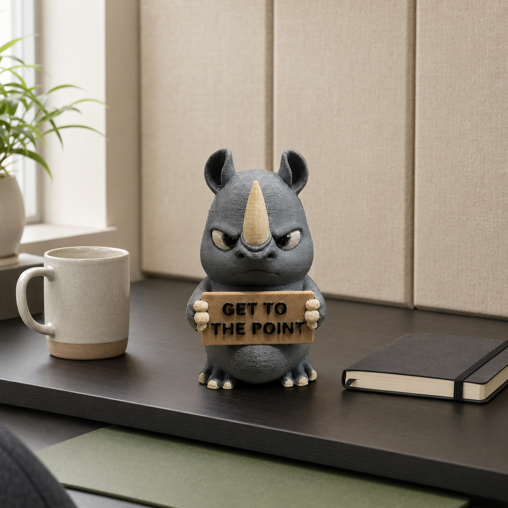 A gray rhinoceros figurine holding a wooden sign that reads 'GET TO THE POINT' sits on a dark tabletop in a styled indoor setting with a mug, plant, and notebook nearby.