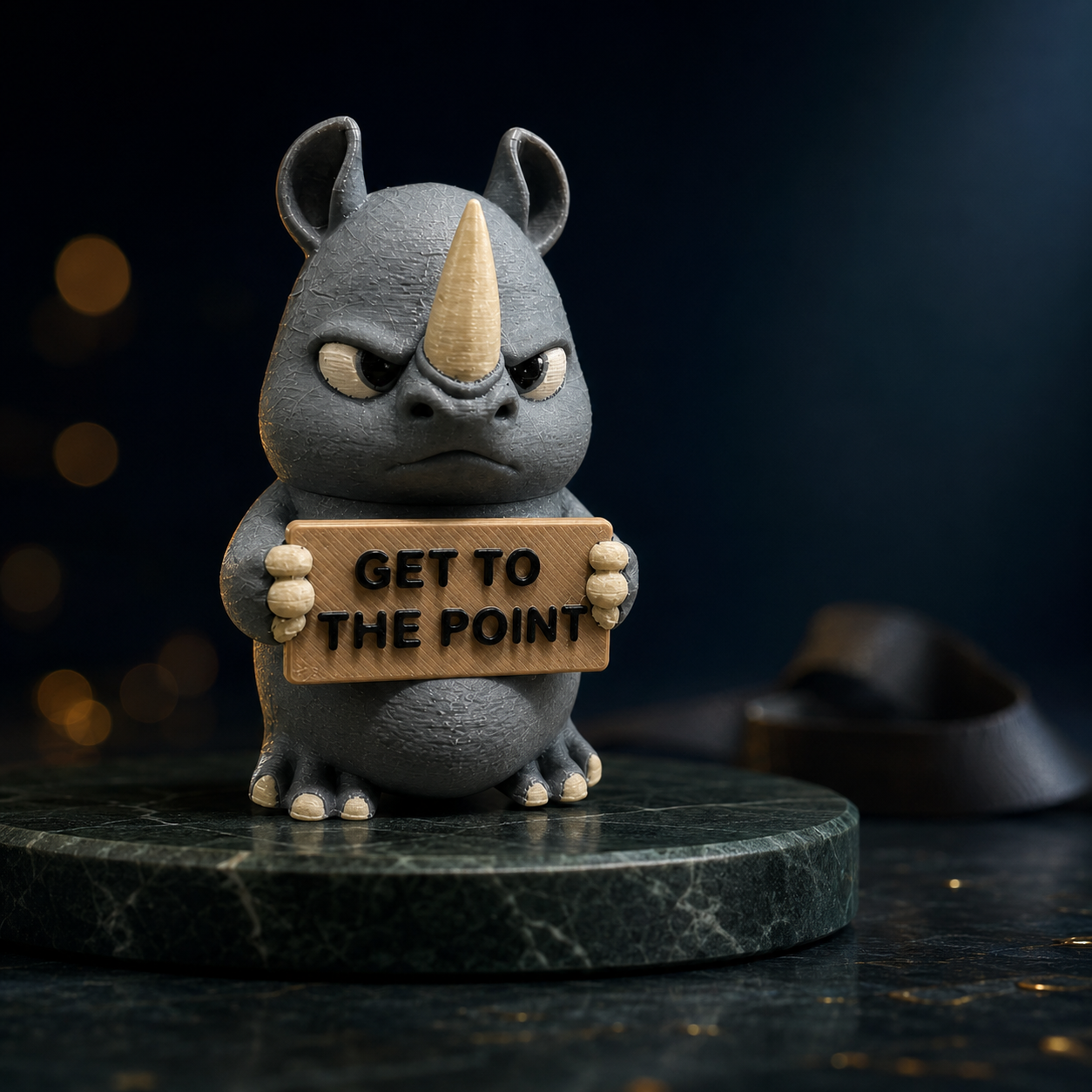 A small gray rhinoceros figurine holding a wooden sign that reads 'GET TO THE POINT,' displayed on a dark round pedestal against a dark blue background with soft bokeh lights.
