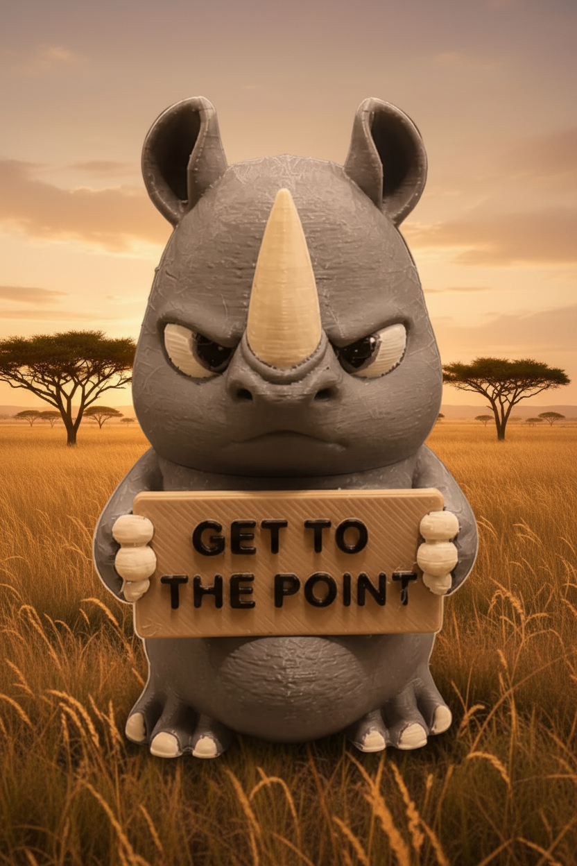 Gray rhino figurine holding a sign that says 'GET TO THE POINT' on a gray background