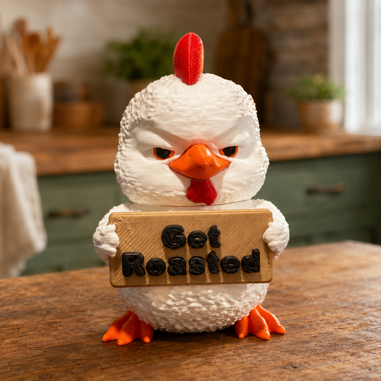 A white chicken-shaped novelty item holding a wooden sign that reads 'Get Roasted' stands on a rustic wooden table in a warm kitchen setting.