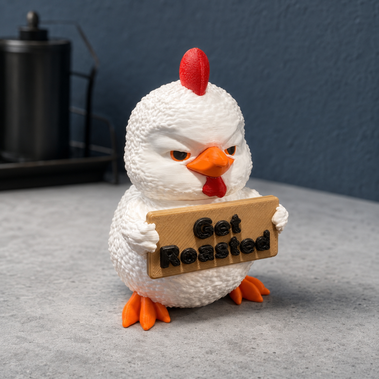 A white rooster figurine holding a wooden sign that reads 'Get Roasted' in black letters, standing on a gray surface against a dark blue-gray wall.