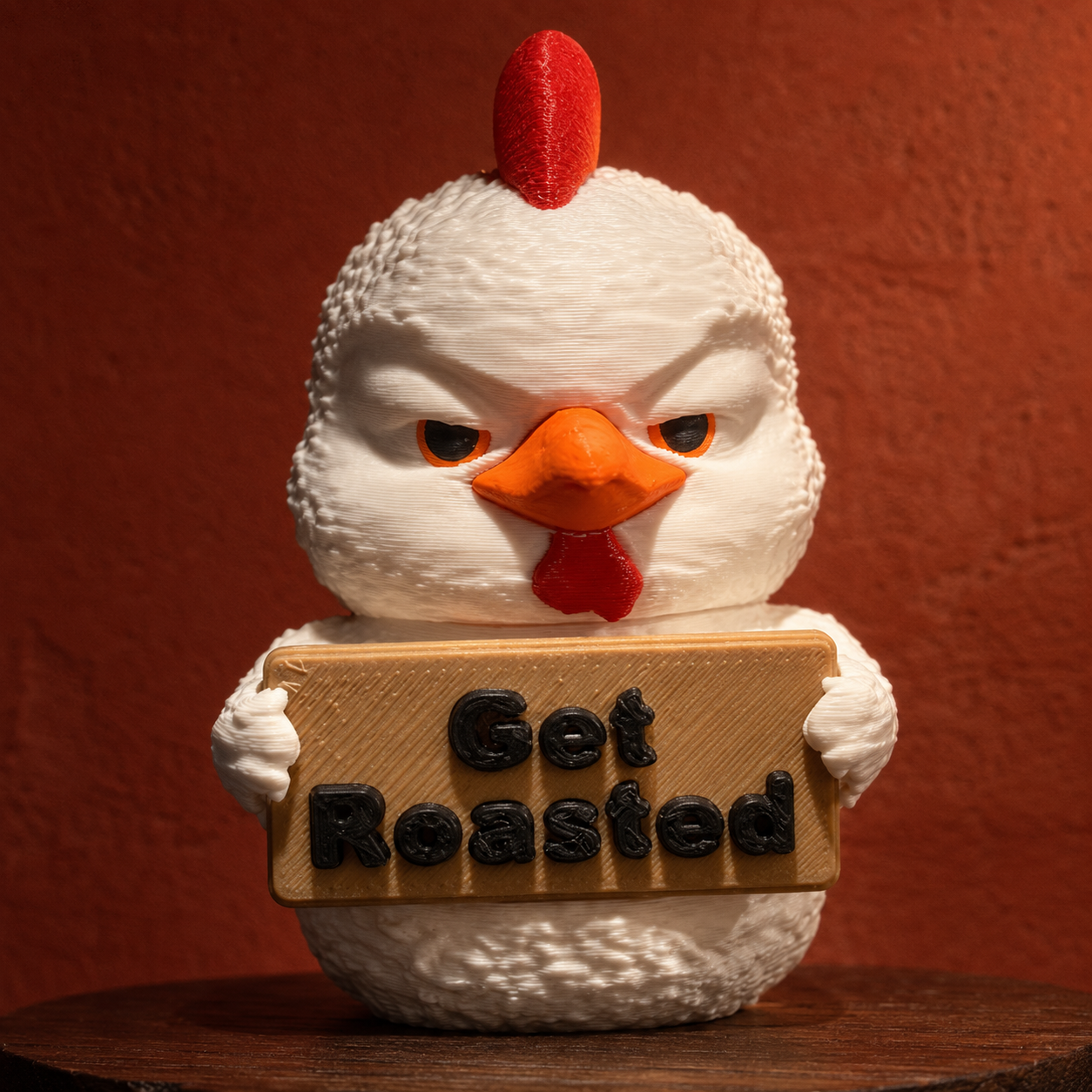 A novelty rooster figurine with a white textured body, red comb and wattle, and an orange beak, holding a tan sign that reads 'Get Roasted' in raised black letters. The figurine is photographed against a warm reddish-brown textured background on a dark wooden surface.