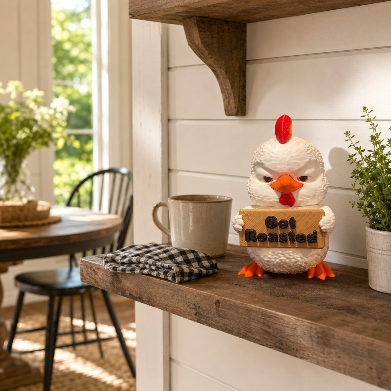 A white chicken-shaped ceramic container or figurine holding a sign that reads 'Get Roasted,' styled on a rustic wooden shelf in a bright kitchen or dining setting with a mug, cloth, and plants.