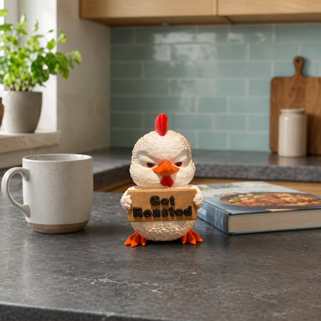 A small white chicken figurine with orange feet and a red comb stands on a dark kitchen counter holding a sign that says 'Get Roasted'. A white ceramic mug is to the left, and a cookbook is to the right, with a tiled kitchen background.