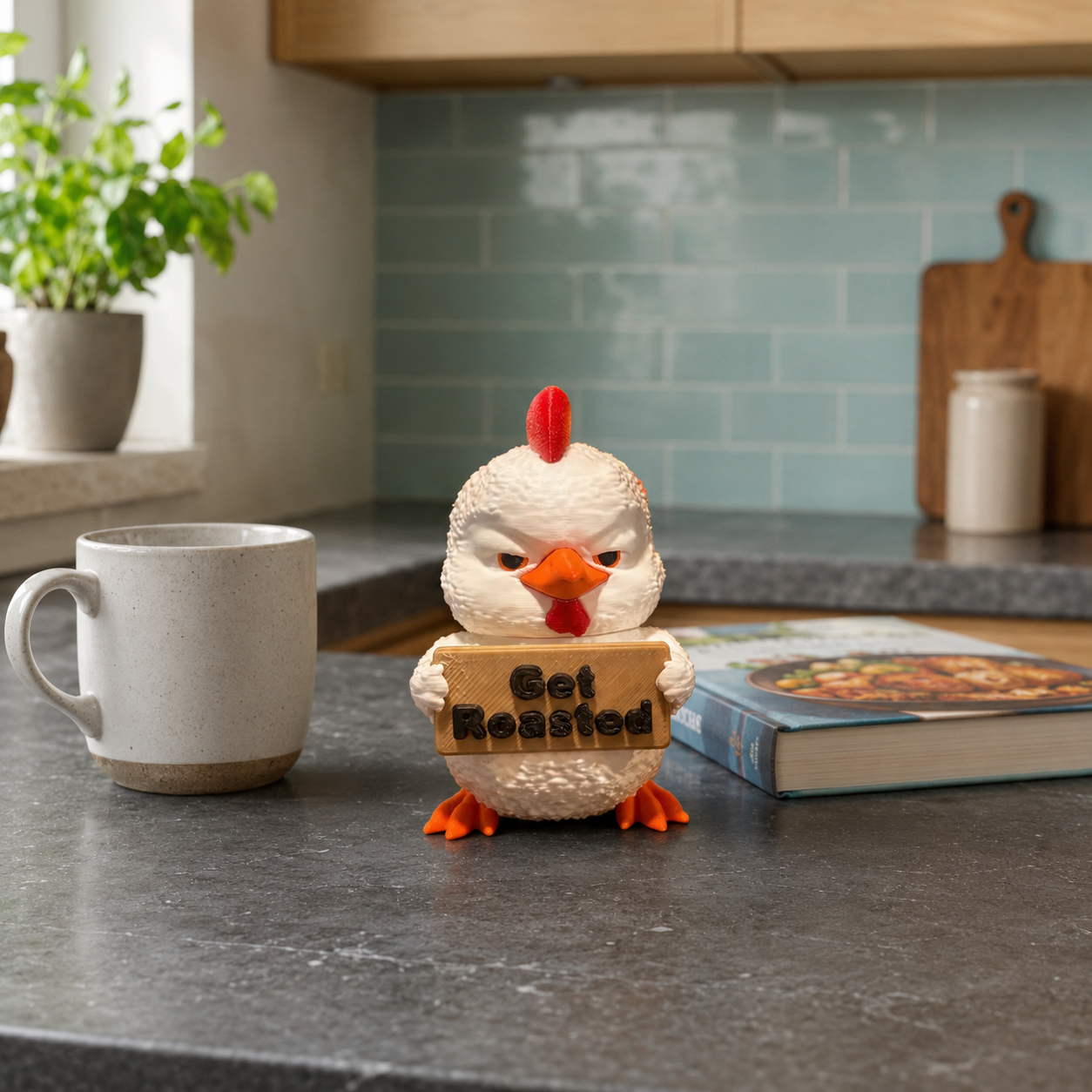 A small white chicken figurine with orange feet and a red comb stands on a dark kitchen counter holding a sign that says 'Get Roasted'. A white ceramic mug is to the left, and a cookbook is to the right, with a tiled kitchen background.