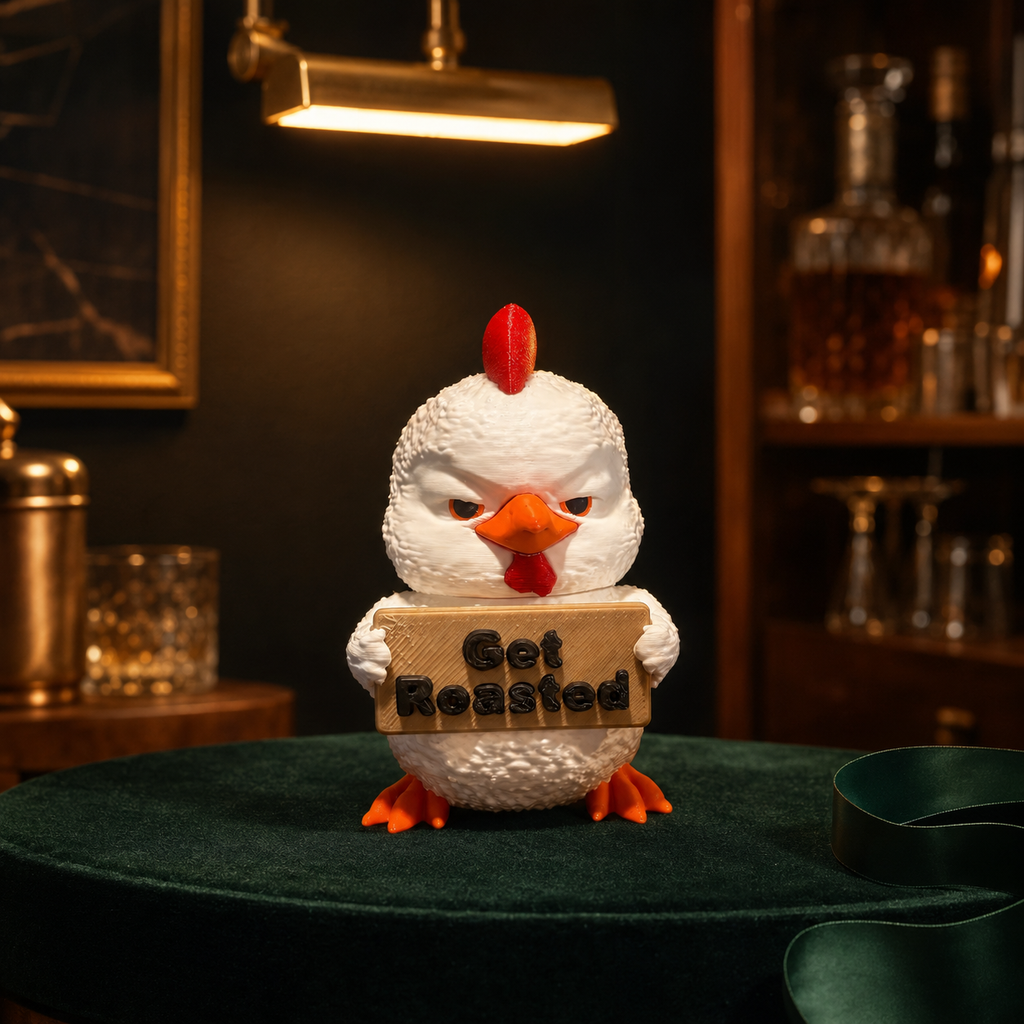 A white rooster figurine with an angry expression, holding a sign that reads 'Get Roasted' in a dimly lit bar setting.