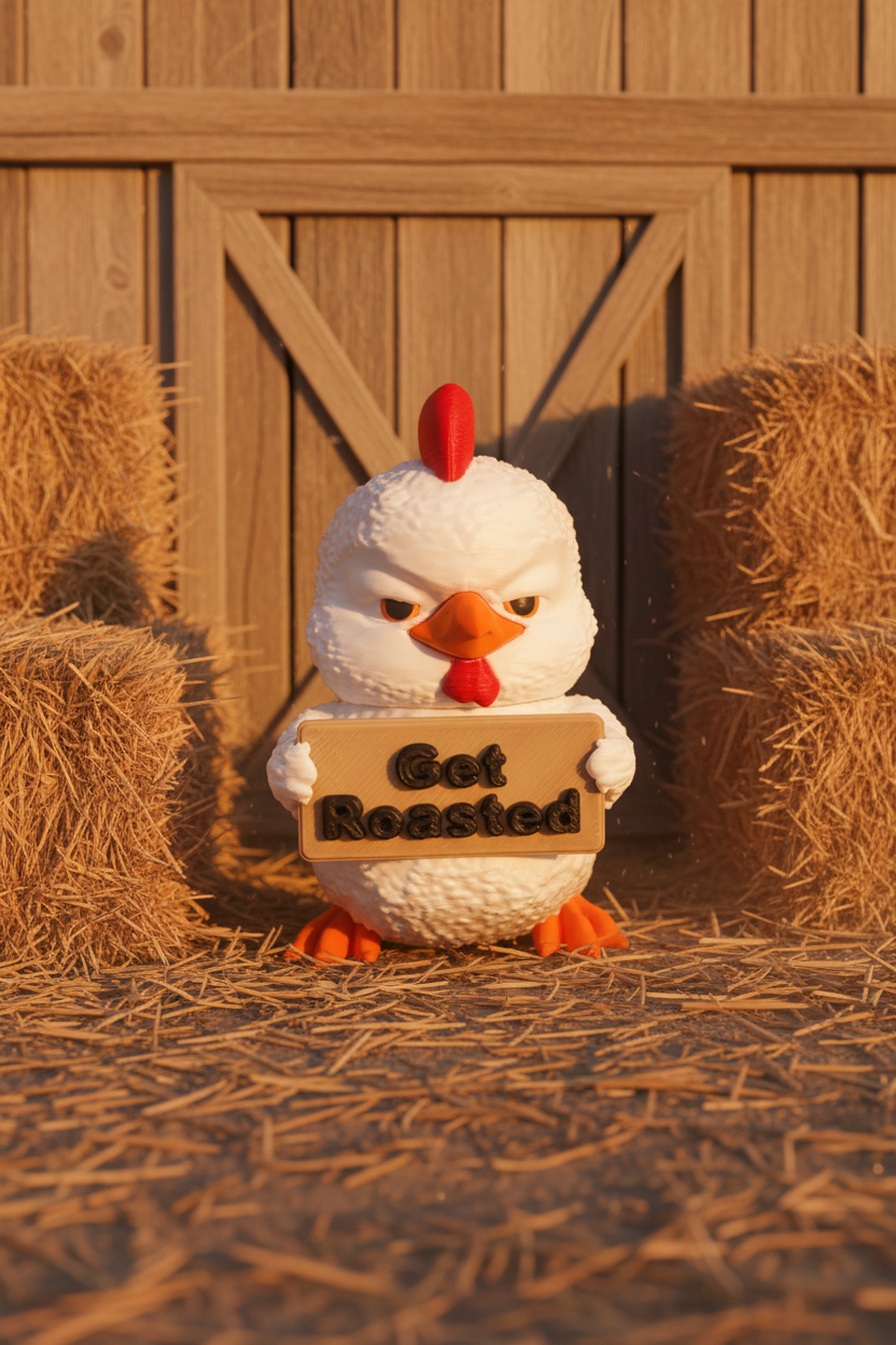 Decorative figurine of a chicken holding a 'Get Roasted' sign on a gray background