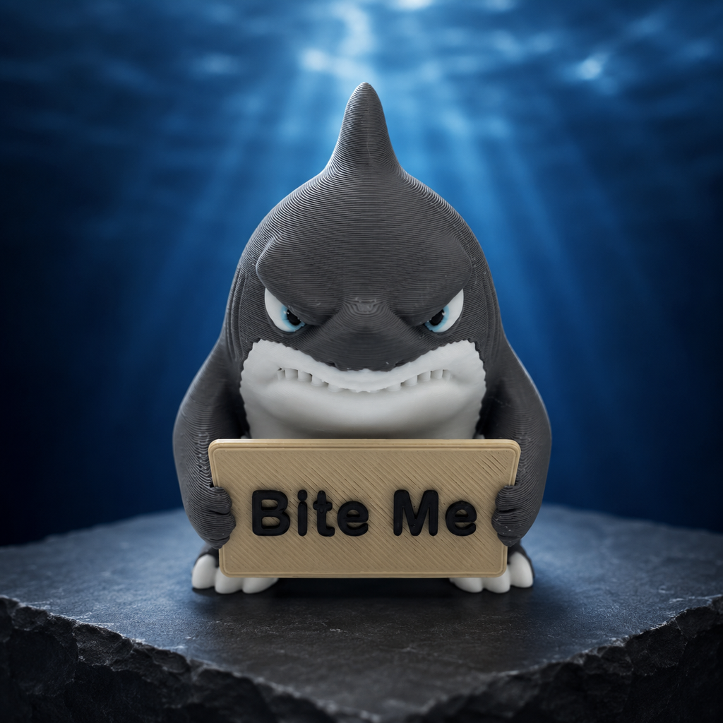 3D-printed gray shark figurine holding a tan Bite Me sign on a dramatic ocean-blue background.