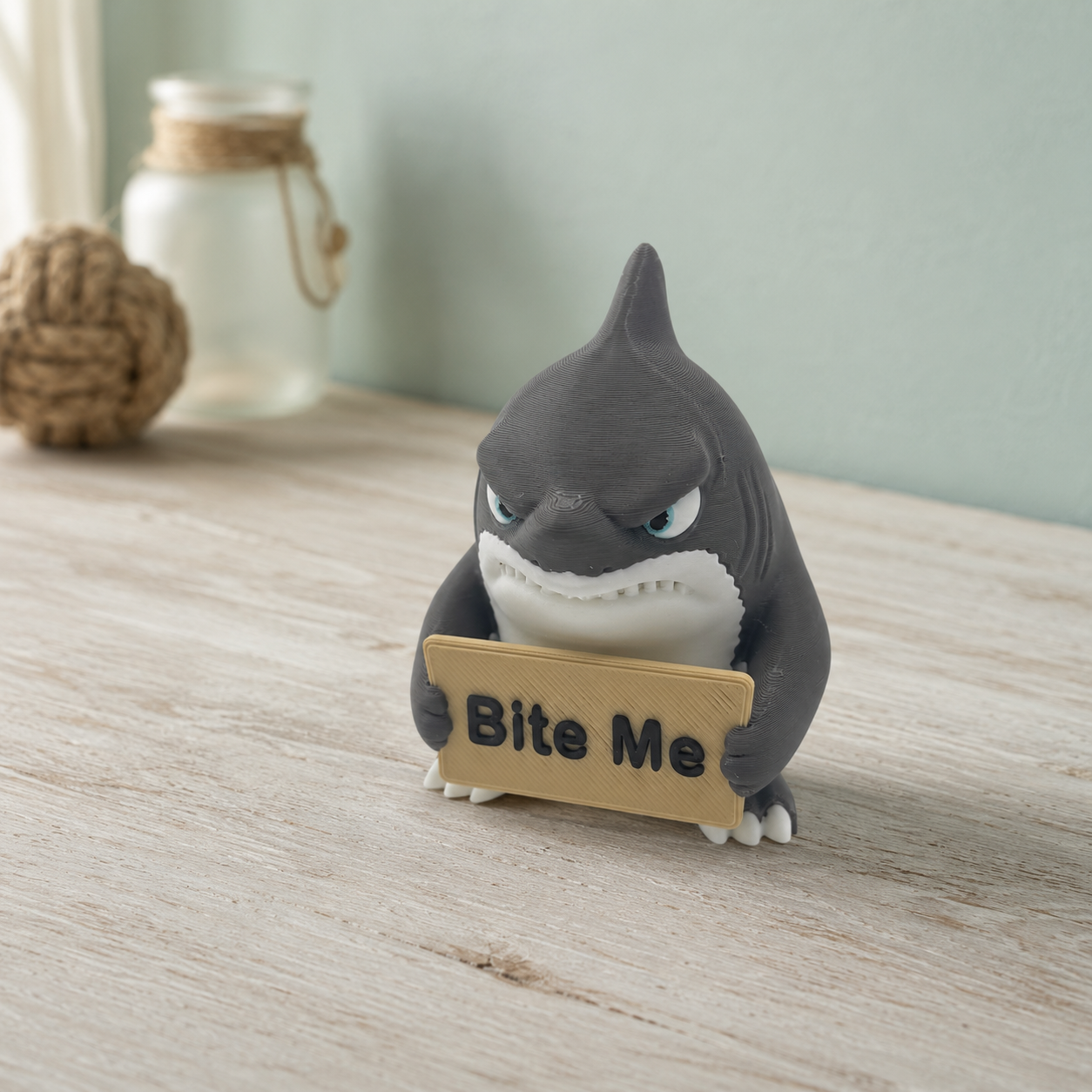 Alternate angled view of the Bite Me shark figurine displayed on a light wooden tabletop.