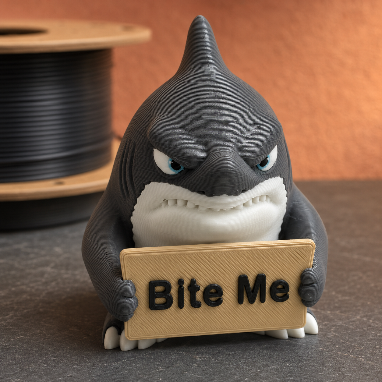 Close-up showing the shark’s face, teeth, blue eyes, print texture, and raised Bite Me lettering.