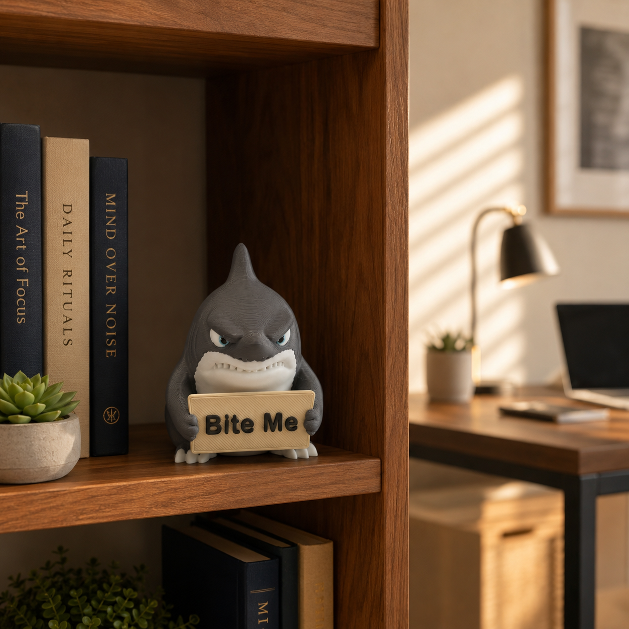 Funny shark figurine displayed with books and a succulent on a warm wooden office bookshelf.