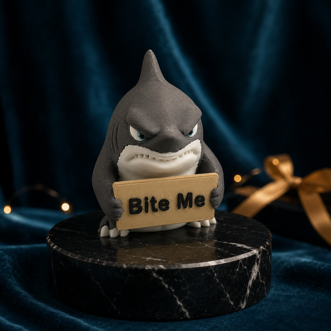 Premium gift display of the Bite Me shark figurine on a black marble pedestal with blue velvet and gold accents.