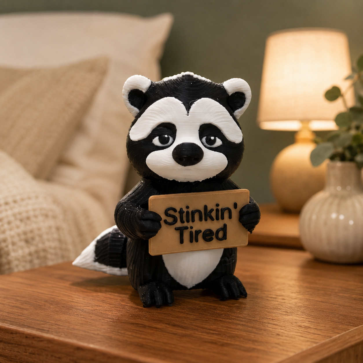 A small black-and-white skunk figurine standing on a wooden table in a softly lit room, holding a sign that reads “Stinkin’ Tired.”.