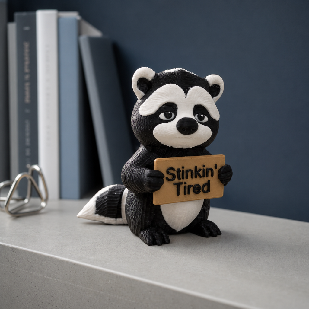 A small skunk figurine holding a wooden sign that reads 'Stinkin' Tired', placed on a light gray tabletop with books in the background.