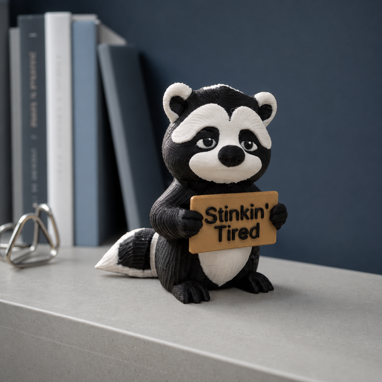 A small skunk figurine holding a wooden sign that reads 'Stinkin' Tired', placed on a light gray tabletop with books in the background.
