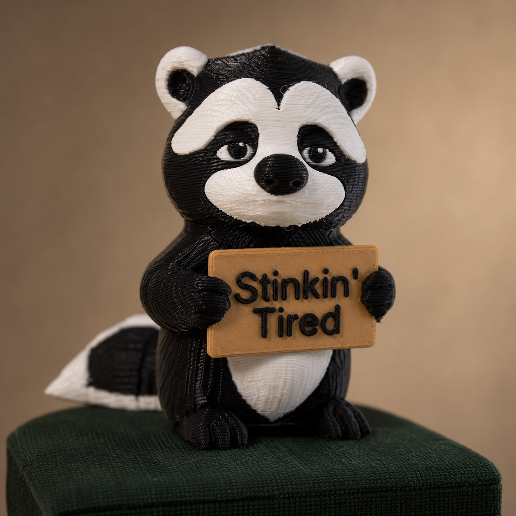 A black and white skunk figurine sitting on a dark green surface, holding a wooden sign that reads 'Stinkin' Tired' against a warm beige background.
