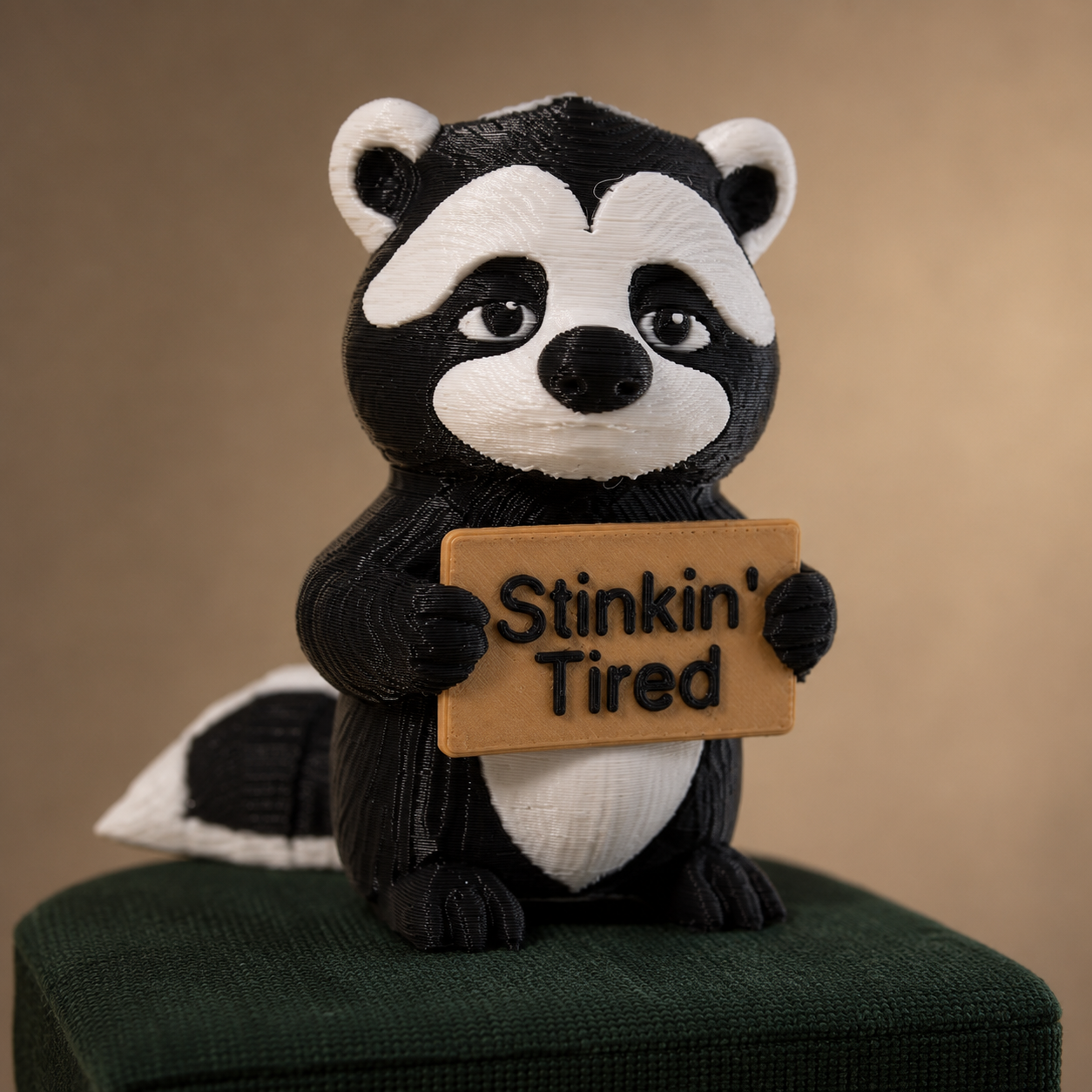 A black and white skunk figurine sitting on a dark green surface, holding a wooden sign that reads 'Stinkin' Tired' against a warm beige background.