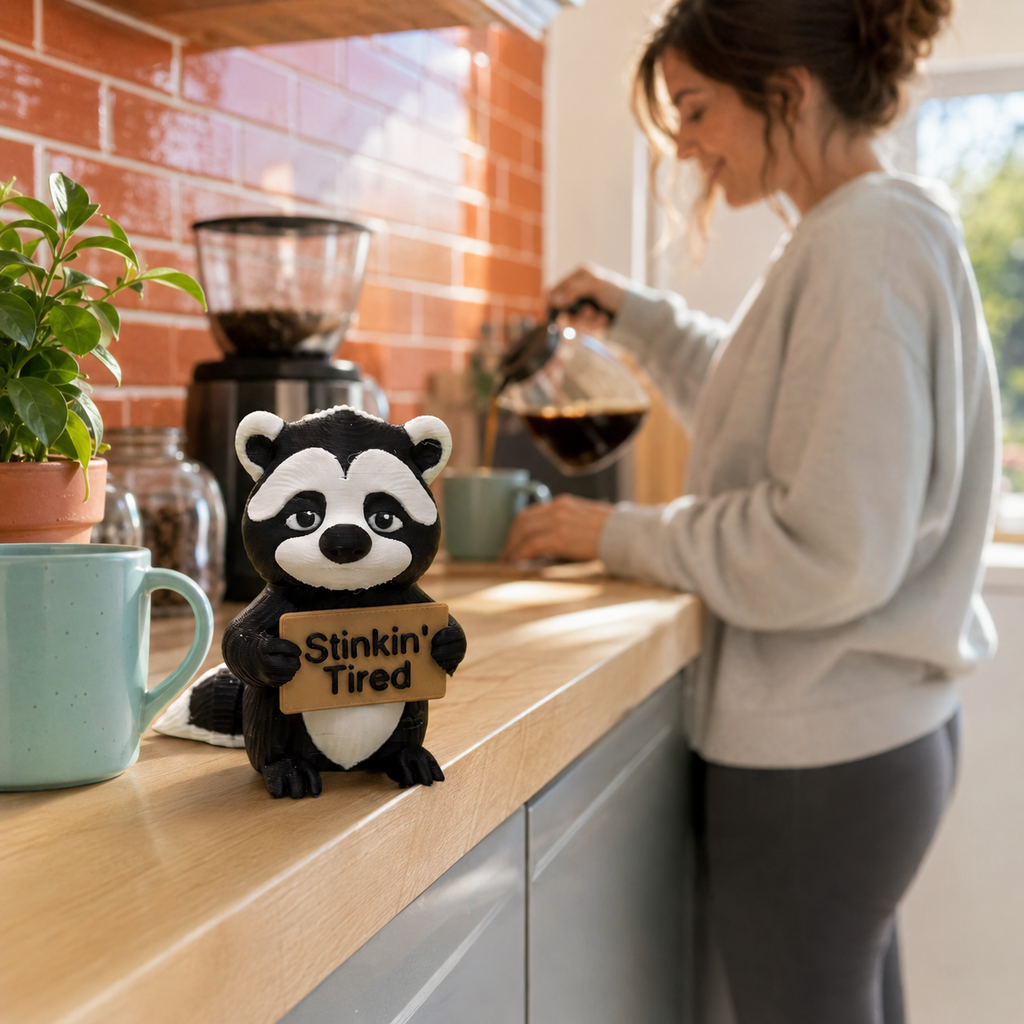 A skunk holding a sign that reads 'Stinkin' Tired' sits on a kitchen counter while a woman in a light gray sweatshirt pours coffee in the background.