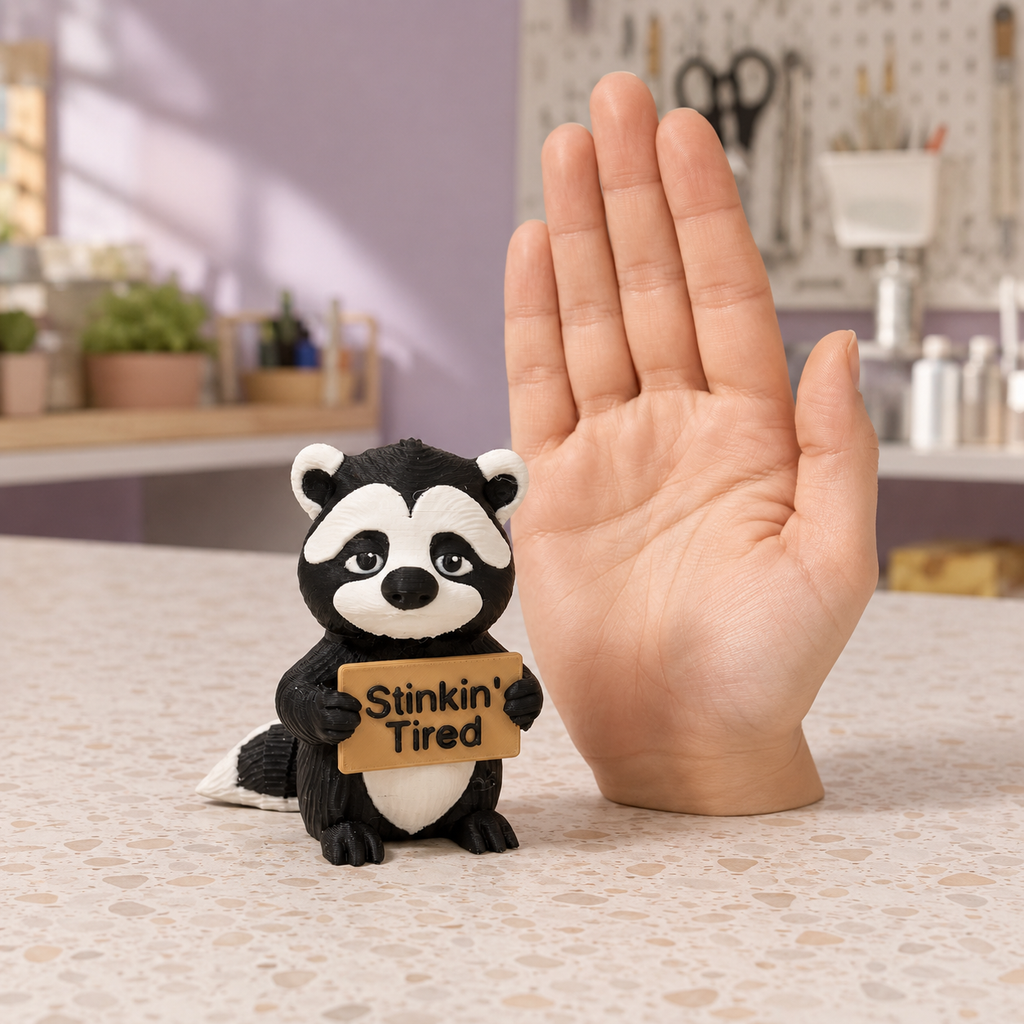 A small skunk figurine holding a sign that reads 'Stinkin' Tired' stands on a countertop next to a human hand showing scale, with a kitchen or craft workspace blurred in the background.