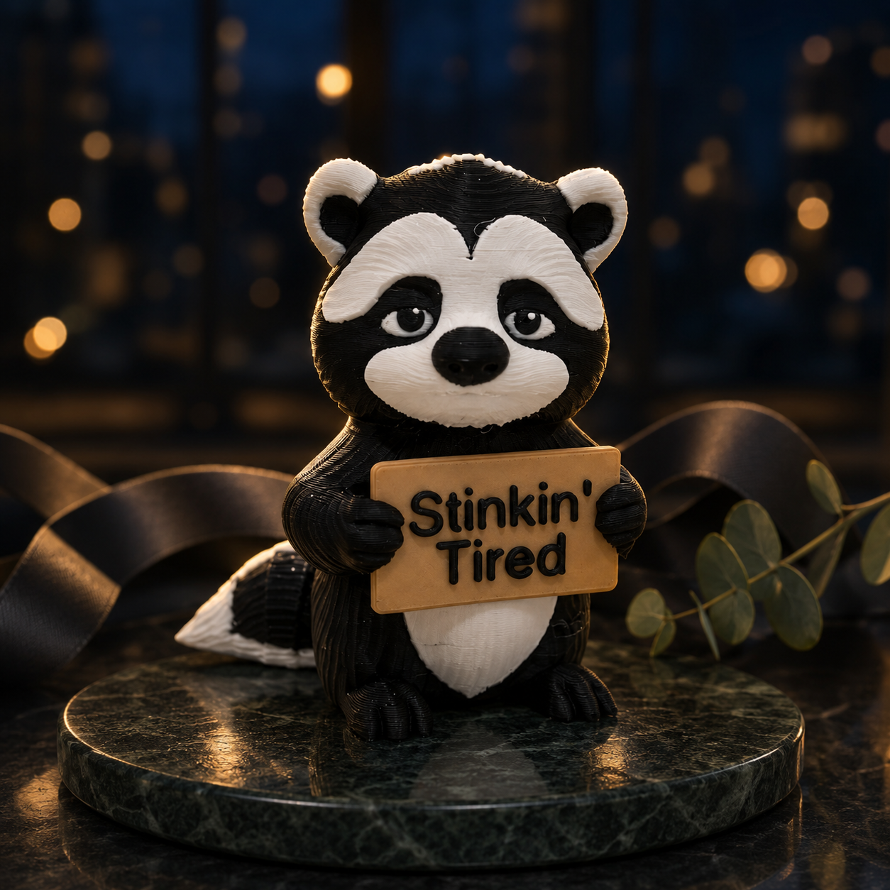 A small black-and-white skunk figurine standing on a dark round base, holding a tan sign that reads “Stinkin’ Tired.” The background is dark with warm blurred lights and a ribbon behind the figurine.