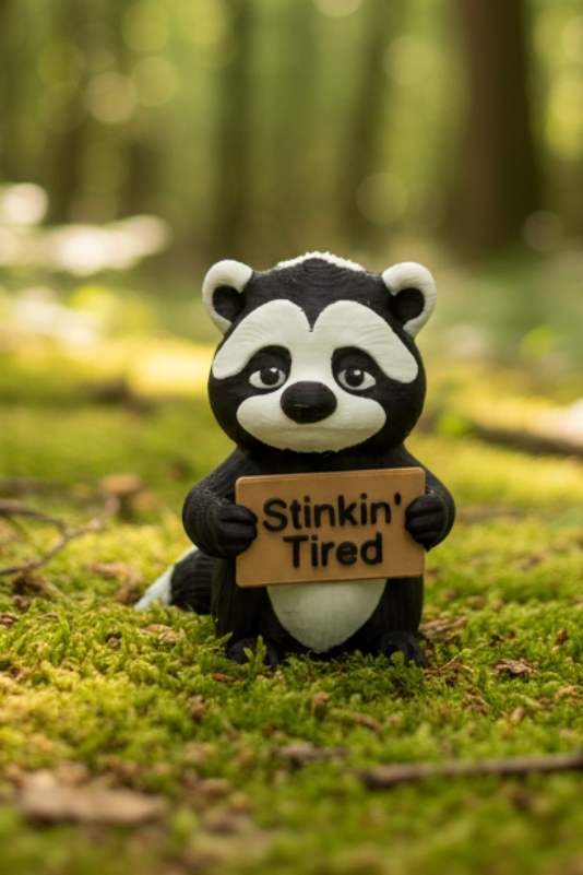 Plush toy raccoon holding a sign saying 'Stinkin' Tired' on a gray background