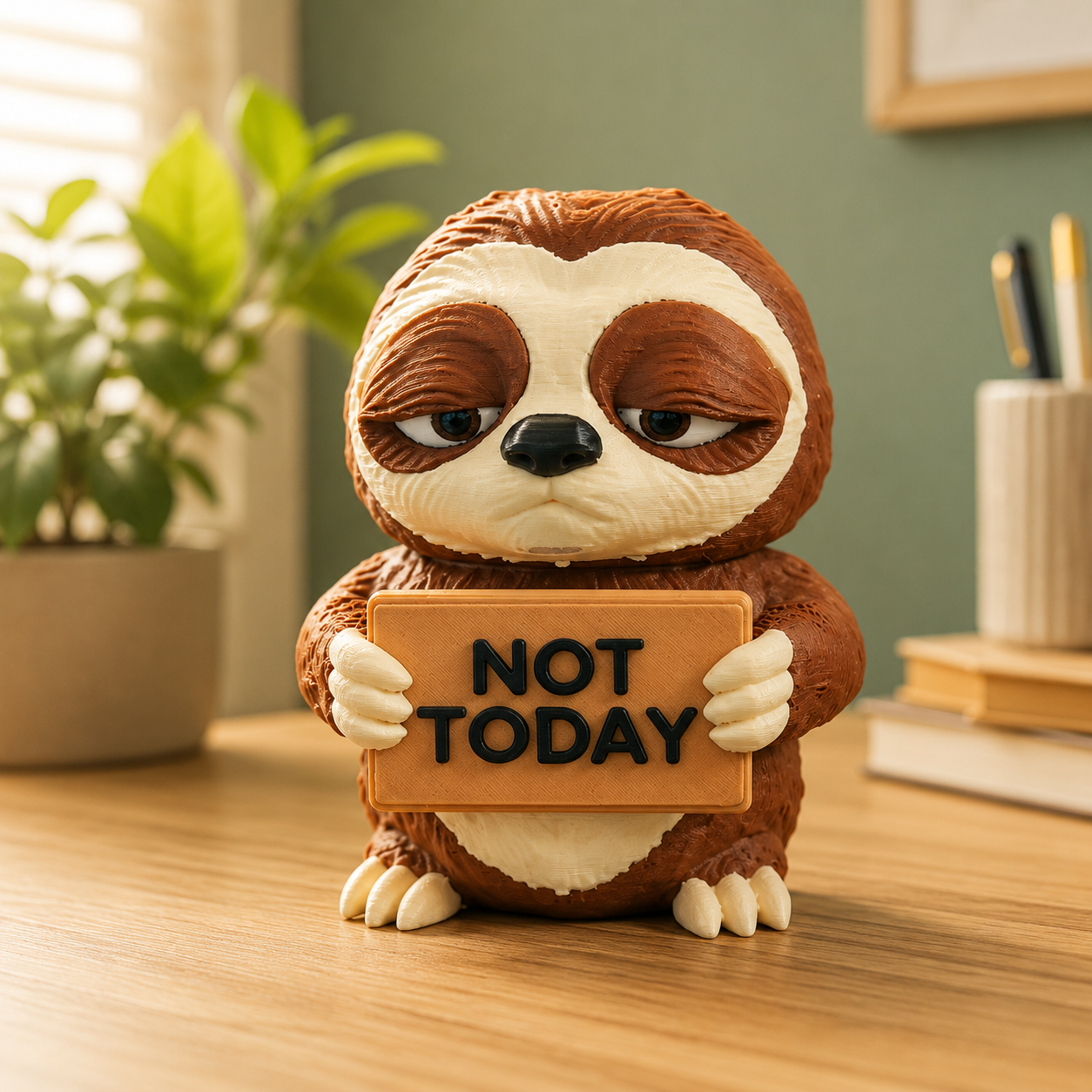 A sloth-shaped figurine holding a sign that reads 'NOT TODAY' sits on a wooden desk in a softly lit room with a plant and books in the background.