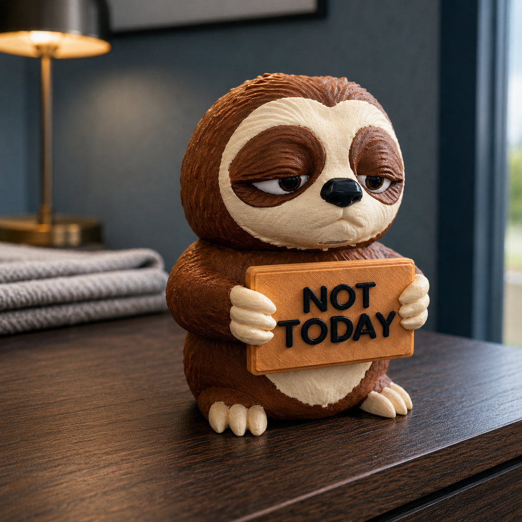 A sloth figurine holding a sign that reads 'NOT TODAY' sits on a dark wooden table in a dimly lit room with a lamp in the background.