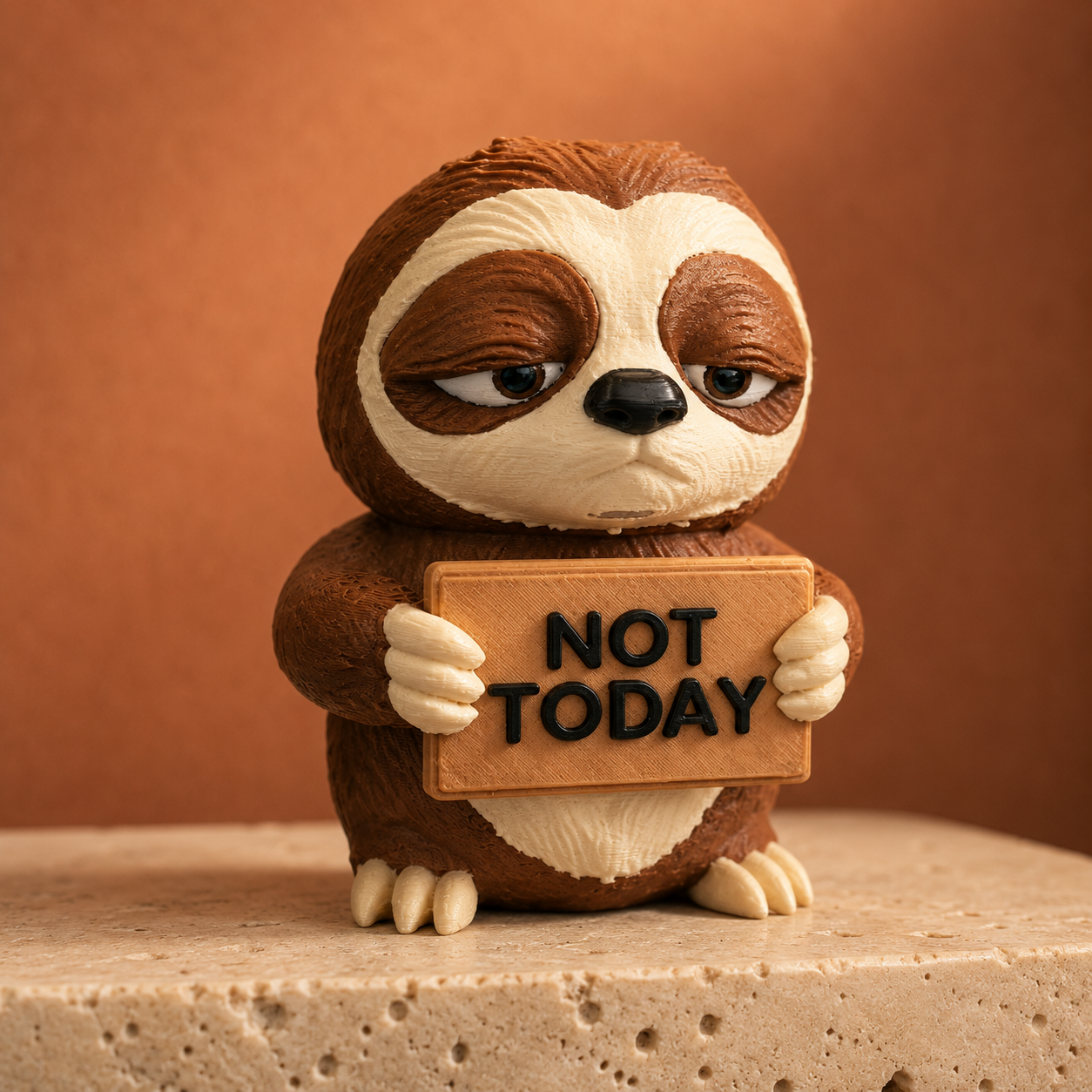 A small sloth figurine holding a wooden sign that reads 'NOT TODAY' in black letters, set against a warm brown background on a textured stone surface.