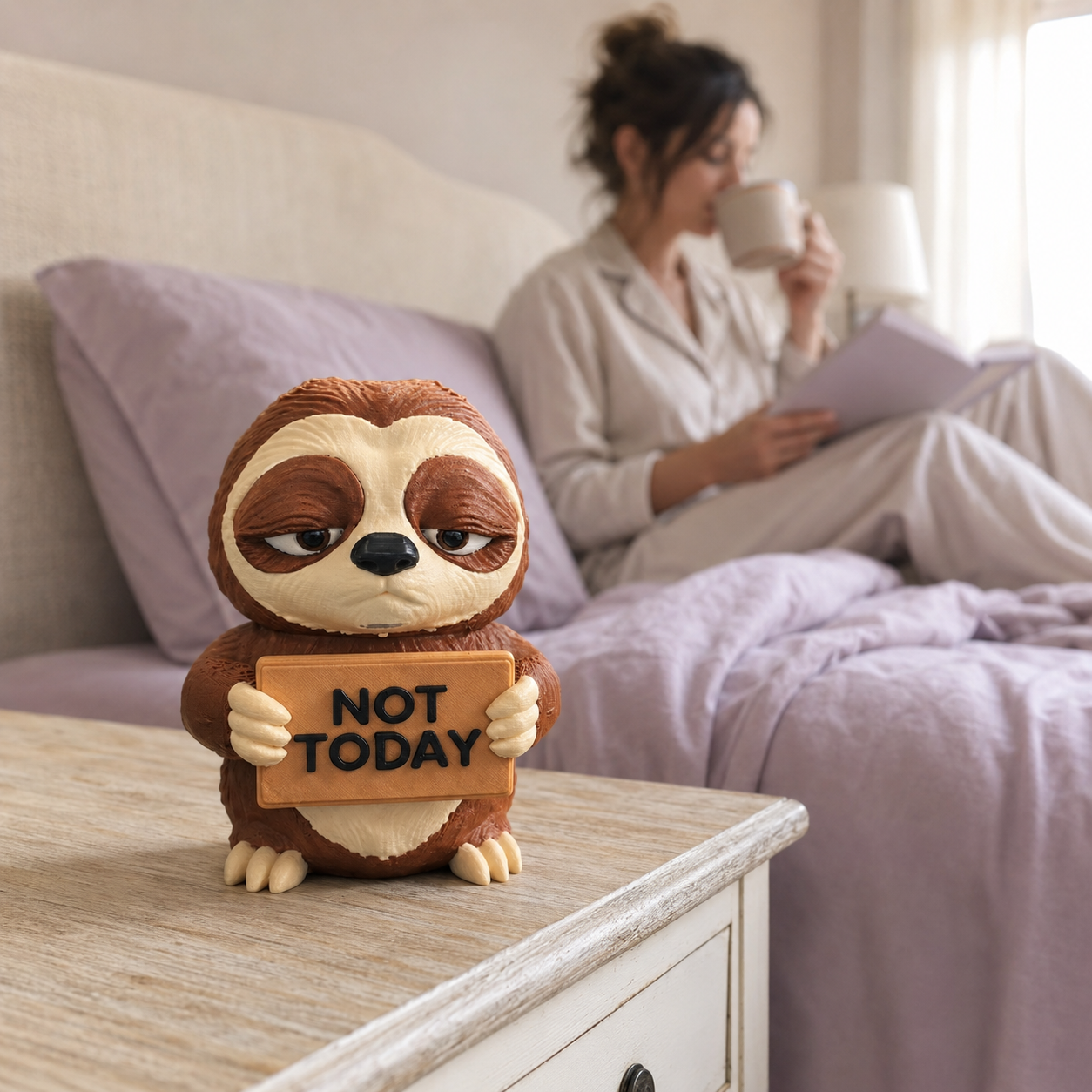 A sloth figurine holding a sign that says 'NOT TODAY' sits on a wooden nightstand in the foreground, with a woman reading on a bed in the softly blurred background.