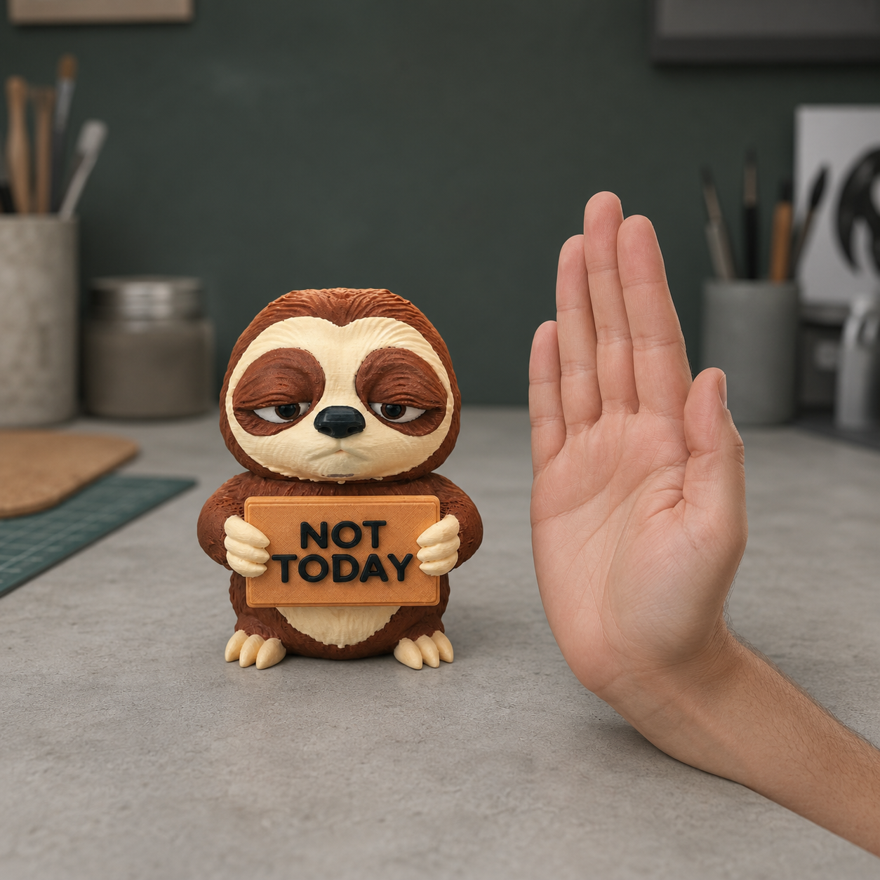 A small sloth figurine holding a sign that reads 'NOT TODAY' stands on a gray tabletop, with a human hand raised in a stop gesture beside it. The background shows a softly blurred indoor desk or studio setting with containers and tools.