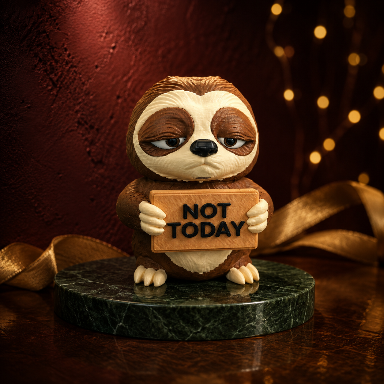 A sloth figurine holding a sign that reads 'NOT TODAY' sits on a round dark green marble base. The figurine is styled on a dark wooden surface with a textured dark red background and warm bokeh string lights.