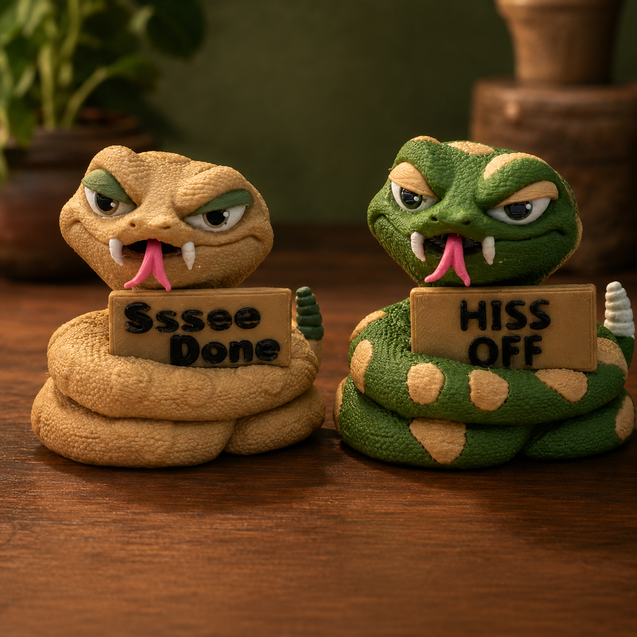 Two coiled snake figurines on a wooden surface, one tan with the text 'Sssee Done' and one green with tan spots and the text 'HISS OFF'.