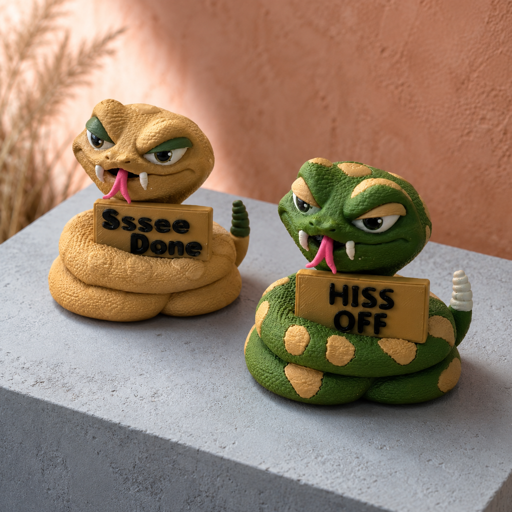 Two coiled snake figurines sitting on a gray stone surface against a peach-colored wall. One tan snake holds a sign reading 'Ssee Done' and the other green snake holds a sign reading 'HISS OFF'.