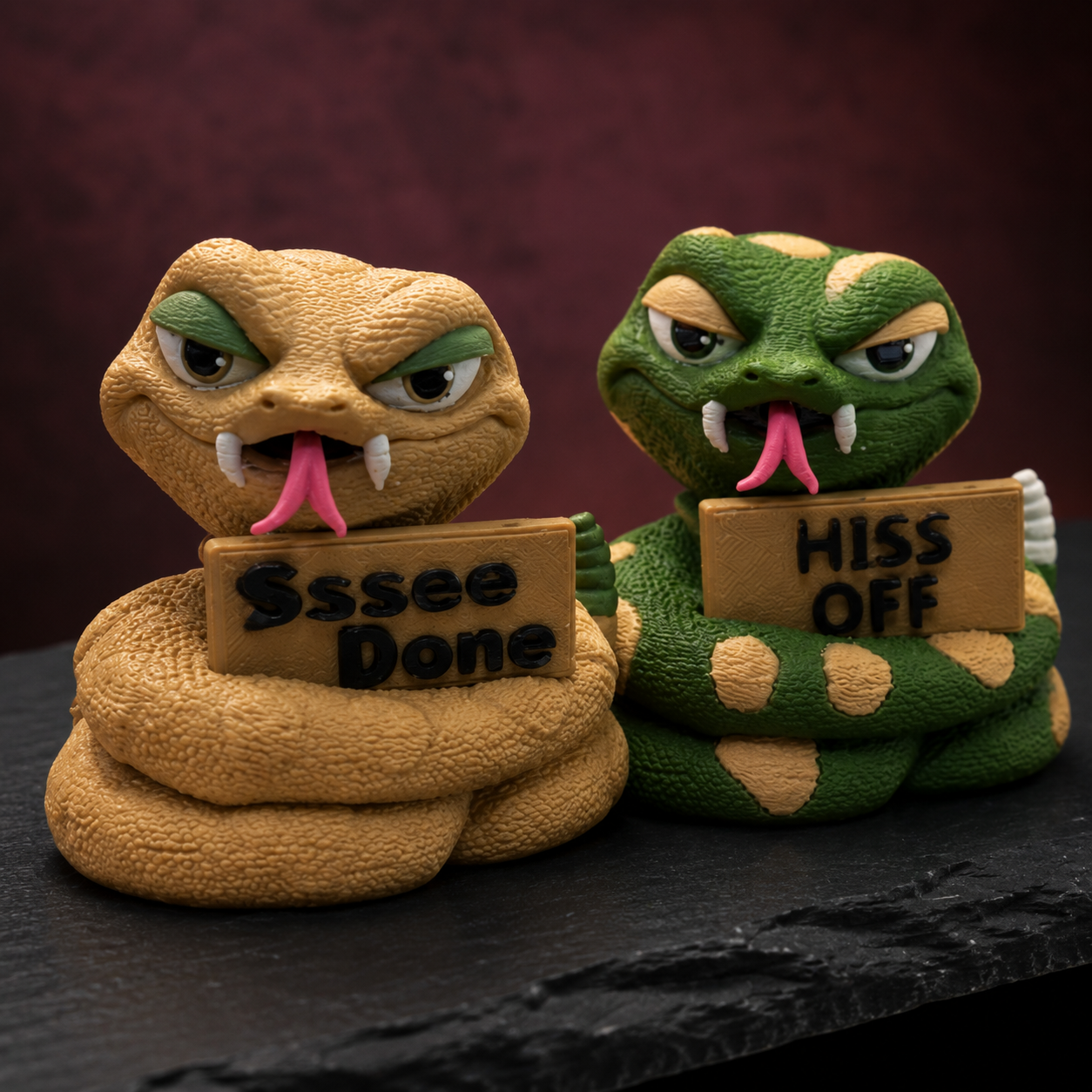 Two coiled snake figurines on a dark surface against a dark burgundy background. The left snake is tan with green eyes and holds a sign reading 'Ssee Done'.