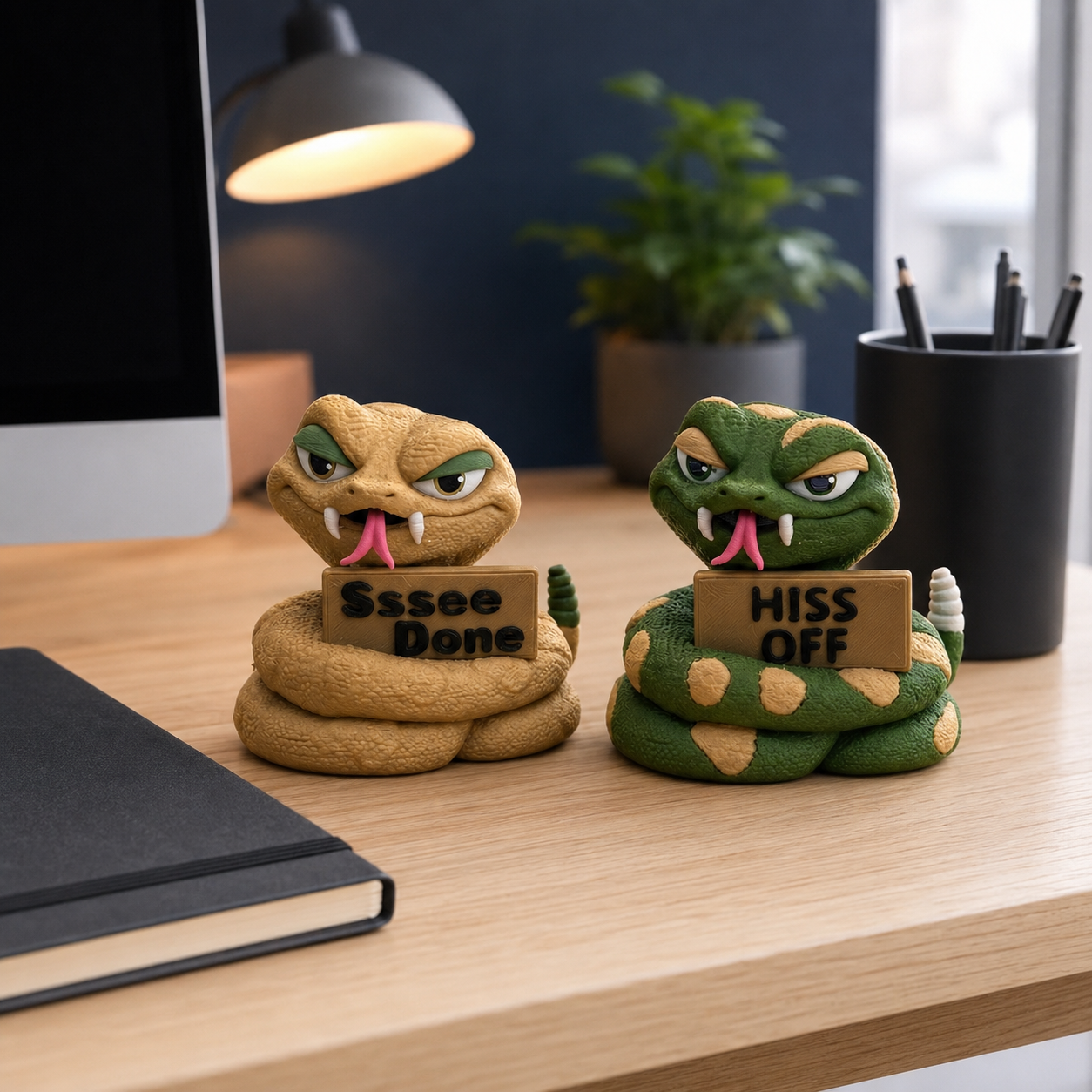 Two snake figurines on a wooden desk in a home office setting. One tan snake holds a sign reading 'Ssee Done' and is next to a black notebook.