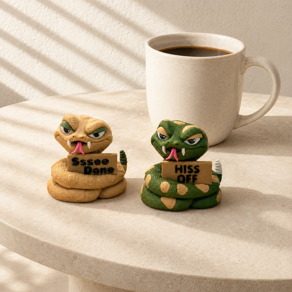 Two coiled snake figurines sitting on a light stone table beside a white ceramic mug of coffee. One tan snake holds a sign reading 'See Done' and the green snake holds a sign reading 'HISS OFF'.