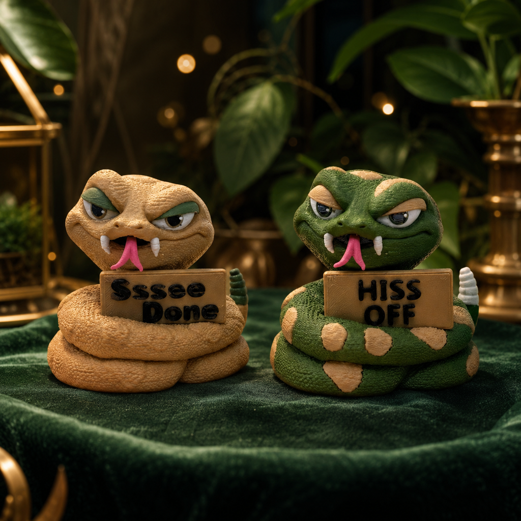 Two coiled snake figurines sitting on a dark green velvet surface, one tan with the sign 'Ssee Done' and one green with the sign 'HISS OFF'.