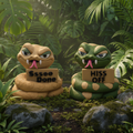 Two snake figurines with signs on a gray background