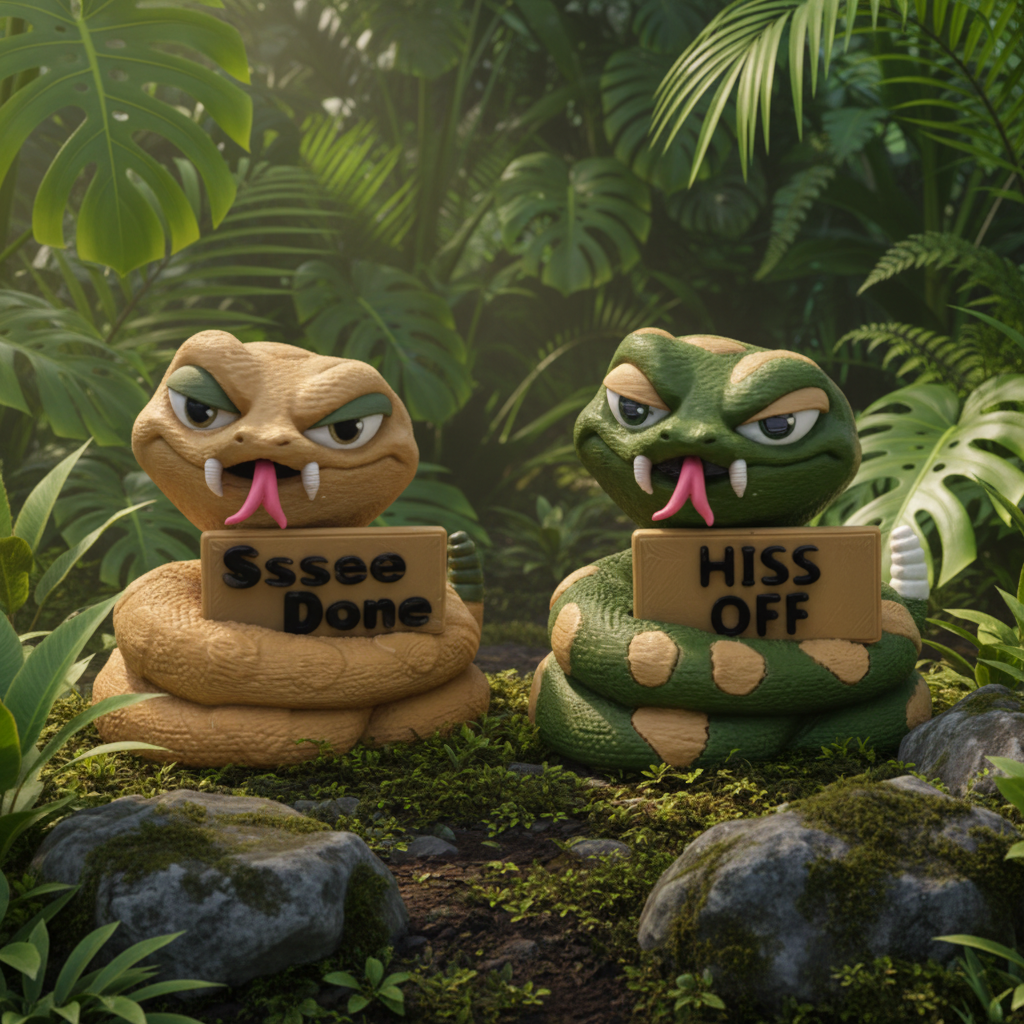 Two snake figurines with signs on a gray background