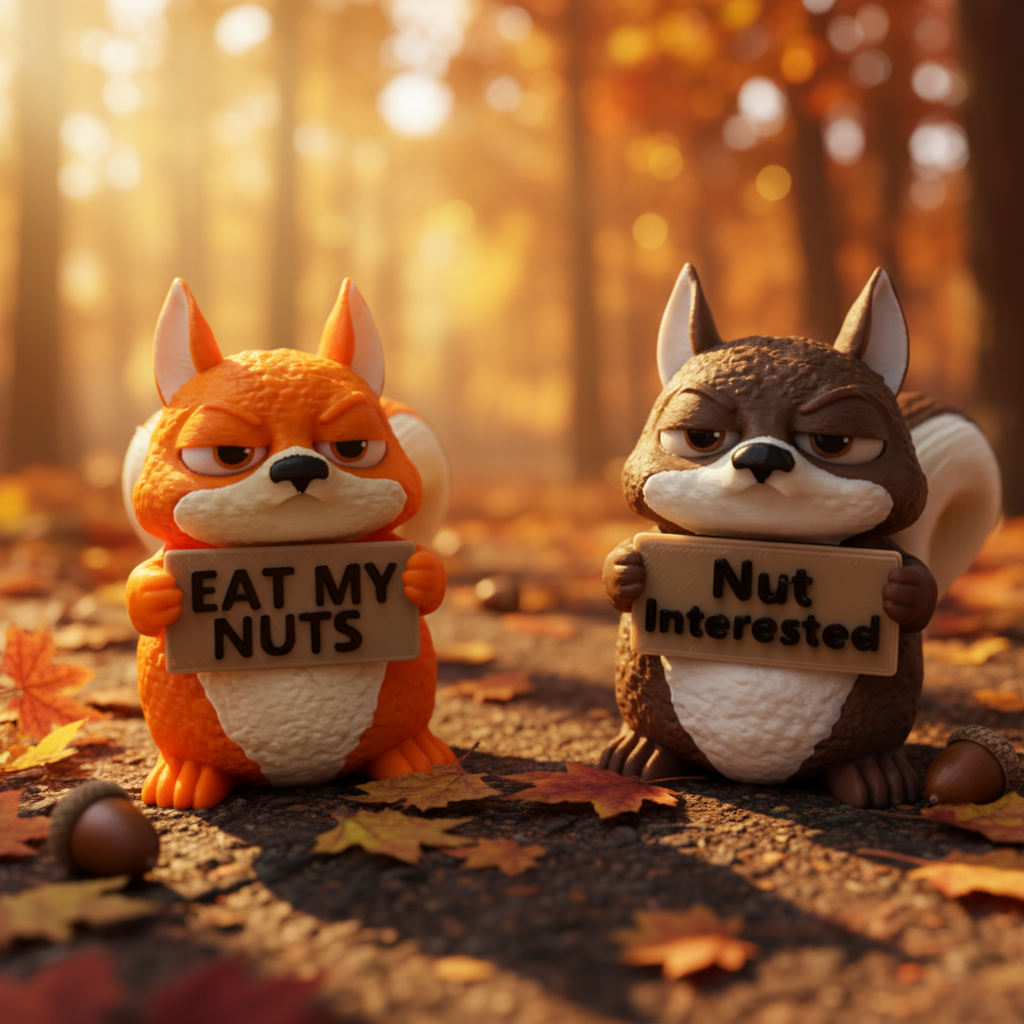 Two animal figurines, one orange and one brown, holding signs with humorous text on a gray background.